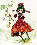  bad_id bad_pixiv_id black_eyes boots dress front_ponytail green_hair hair_ribbon kagiyama_hina leaf pinkxxxna plant ribbon short_sleeves solo touhou traditional_media watercolor_(medium) 