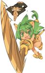  animal_ears animal_print blade_(galaxist) boomerang cat_ears cham_cham fang gloves green_eyes green_hair highres long_hair monkey no_panties open_mouth paku_paku paw_gloves paw_shoes paws queen's_gate samurai_spirits shoes snk tail tiger_print weapon 