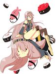  aqua_eyes boots crossed_legs food gunkanmaki long_hair makizushi megurine_luka nigirizushi pink_hair simple_background sitting sushi takoluka thighhighs vainillaconchocolate_(artist) very_long_hair vocaloid white_background 