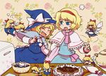  alice_margatroid blonde_hair blue_eyes capelet chocolate closed_eyes doily food hat heart kirisame_marisa kty_(04) mixing_bowl multiple_girls open_mouth pastry_bag plate rolling_pin shanghai_doll spade_(shape) table touhou witch_hat 