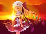  blonde_hair colorized flandre_scarlet greave_(asterism) hat smile solo sunset touhou wings 