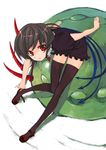  akanagi_youto asymmetrical_wings black_hair black_legwear dress full_body houjuu_nue legs putting_on_shoes red_eyes short_hair solo thighhighs touhou ufo wings 