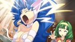  :d ^_^ aiba_mikoto animal_ears bangs big_hair blue_hair blunt_bangs breasts capcom cat_ears cleavage closed_eyes cross-laced_clothes cross_edge felicia flying_sweatdrops food fur game_cg green_hair hair_intakes hairband hand_up hirano_katsuyuki jewelry large_breasts lightning_bolt long_hair meat multiple_girls necklace official_art open_mouth plate ribbon_trim shouting smile sparkle tantrum upper_body vampire_(game) very_long_hair wavy_hair 