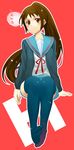  bad_id bad_pixiv_id brown_eyes brown_hair cardigan feet genderswap genderswap_(mtf) h haruno_(kanimeshi) kita_high_school_uniform kyonko long_hair ponytail school_uniform serafuku solo suzumiya_haruhi_no_yuuutsu thighhighs 