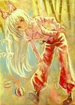  acrylic_paint_(medium) ama-tou ball bamboo bamboo_forest bent_over forest fujiwara_no_mokou hand_on_hip highres long_hair nature pants red_eyes solo touhou traditional_media white_hair yellow 