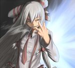  cigarette fujiwara_no_mokou hair_ribbon hands looking_up necktie red_eyes ribbon smirk smoke solo supu suspenders touhou 