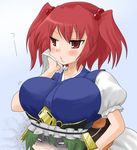  angry breast_rest breasts breasts_on_head green_hair hair_bobbles hair_ornament hat huge_breasts jealous multiple_girls onozuka_komachi oro_(zetsubou_girl) red_eyes red_hair shiki_eiki touhou translated two_side_up 