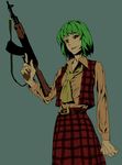  ak-47 ascot assault_rifle belt black_sclera dress evil_smile green_hair gun hottiku kazami_yuuka plaid plaid_skirt plaid_vest red_eyes rifle short_hair simple_background skirt skirt_set smile solo touhou vest weapon 