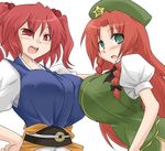  braid breast_press breasts fang green_eyes hair_bobbles hair_ornament hat hong_meiling huge_breasts multiple_girls onozuka_komachi oro_(zetsubou_girl) red_eyes red_hair symmetrical_docking touhou twin_braids two_side_up 