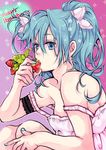  aqua_eyes aqua_hair armband bad_id bad_pixiv_id bare_shoulders bow downblouse food fruit hafu hair_bow hair_ribbon hatsune_miku holding holding_food holding_fruit long_hair ribbon solo strawberry twintails vocaloid 