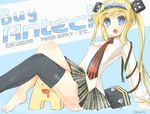  antec antecco antekkun arm_support bad_id bad_pixiv_id barefoot blonde_hair blue_eyes drooling feet necktie plaid retorillo single_thighhigh sitting skirt solo thighhighs 