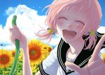  absurdres alternate_hairstyle blush closed_eyes cloud day flower happy heart highres hose just_be_friends_(vocaloid) laughing megurine_luka pink_hair pointing school_uniform serafuku short_hair sky smile solo sunflower twintails vocaloid water yunomi_(yunomi_imonuy) 
