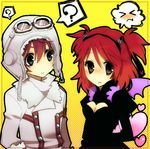  1girl ? alternate_costume asbel_lhant blue_eyes brown_eyes cheria_barnes cleavage_cutout couple hat hetero red_hair simple_background tales_of_(series) tales_of_graces two_side_up wings yellow_background yuma_(zero) 