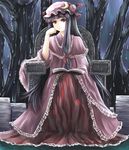  absurdres bangs blunt_bangs book bow chin_rest crescent hair_bow hat highres long_hair open_book patchouli_knowledge purple_hair red_eyes ribbon sitting smile solo throne touhou tree vetina water 