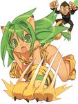  animal_ears animal_print blade_(galaxist) cat_ears cham_cham fang gloves green_eyes green_hair long_hair no_panties open_mouth paku_paku paw_gloves paw_shoes paws queen's_gate samurai_spirits shoes snk tail tiger_print 