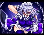  blade braid breasts cleavage colorized frills gloves glowing glowing_eyes headdress impossible_clothes impossible_shirt izayoi_sakuya large_breasts ledjoker07 maid pocket_watch red_eyes shirt silver_hair solo thighhighs touhou uousa-ou watch zettai_ryouiki 