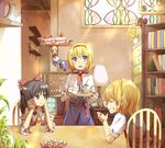  alice_margatroid alternate_hairstyle bad_id bad_pixiv_id black_eyes blonde_hair blue_eyes book bookshelf bow brown_hair cake chair closed_eyes day detached_sleeves doll food fruit grin hair_bow hairband hakurei_reimu hands_on_own_face indoors kirisame_marisa lamp long_hair multiple_girls no_hat no_headwear pastry plant shanghai_doll short_hair sitting slice_of_cake smile sou_(tuhut) stained_glass strawberry strawberry_shortcake table tea_set touhou tray 