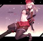  alisa_ilinichina_amiella bad_id bad_pixiv_id blonde_hair blue_eyes boots breasts fingerless_gloves gloves god_eater god_eater_burst gun hat large_breasts long_hair navel pantyhose plaid plaid_skirt shokuyou_mogura skirt solo suspender_skirt suspenders thigh_boots thighhighs underboob weapon 