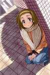  brown_eyes brown_hair chunpai denim dutch_angle hairband highres jeans k-on! pants scarf short_hair solo squatting tainaka_ritsu 