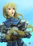  agrias_oaks armor bad_id bad_pixiv_id blonde_hair final_fantasy final_fantasy_tactics gloves highres kushizukino_ayame long_hair petals solo sword weapon yellow_eyes 