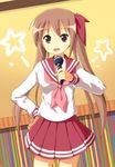  brown_eyes brown_hair long_hair lucky_star microphone nagamori_yamato pink_neckwear ruu_(tksymkw) ryouou_school_uniform school_uniform serafuku solo twintails 