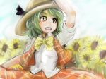  ascot field flower flower_field green_hair hand_on_headwear hat kazami_yuuka nature open_mouth plaid plaid_skirt plaid_vest short_hair skirt skirt_set smile solo sun_hat sunflower touhou untucked upper_body vest wakie yellow_eyes 