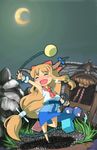  blush crescent_moon drunk fang horns ibuki_suika kingumokemoke moon night saliva shrine solo touhou 