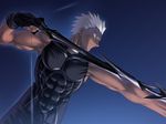  archer armor arrow bow_(weapon) fate/hollow_ataraxia fate/stay_night fate_(series) game_cg jpeg_artifacts male_focus manly muscle night solo spoilers takeuchi_takashi type-moon weapon white_hair 