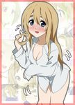  blonde_hair blue_eyes blush bottomless breasts cleavage dress_shirt eyebrows face fidgeting hair_twirling ikari_manatsu k-on! kotobuki_tsumugi large_breasts long_hair multiple_girls naked_shirt shirt tainaka_ritsu 