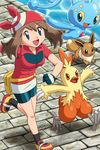  bandana blue_eyes brown_hair combusken eevee gen_1_pokemon gen_3_pokemon gen_4_pokemon haruka_(pokemon) hat manaphy pokemoa pokemon pokemon_(anime) pokemon_(creature) running 