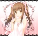  47agdragon :3 anniversary bangs bare_shoulders blush bow brown_eyes brown_hair collarbone dress finger_to_face hair_bow highres hiiragi_yuka_(niconico) long_hair looking_at_viewer niconico original ribbon smile solo sundress twintails upper_body white_dress 