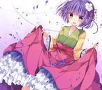  :d :o bad_id bad_pixiv_id blue_flower blue_rose blush dress dress_lift dutch_angle flower frills from_below gathers hair_flower hair_ornament hieda_no_akyuu highres japanese_clothes kimono kisaragi_kiriha looking_at_viewer open_mouth petals purple_eyes purple_hair red_ribbon revision ribbon rose sash short_hair skirt_basket smile solo touhou 