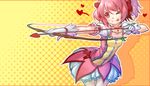  &gt;_&lt; ;p aiming arrow bow_(weapon) bubble_skirt choker closed_eyes drawing_bow dress gloves halftone halftone_background heart holding holding_arrow holding_bow_(weapon) holding_weapon kaname_madoka left-handed magical_girl mahou_shoujo_madoka_magica one_eye_closed orange_background outstretched_arm peko-chan pink_eyes pink_hair rheez short_twintails skirt solo soul_gem tongue tongue_out twintails weapon yellow_background 