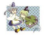  dress fang ghost_tail green_dress green_eyes green_hair grey_eyes grey_hair hachi_(8bit_canvas) hat japanese_clothes mononobe_no_futo multiple_girls open_mouth ponytail ribbon short_hair skirt soga_no_tojiko tate_eboshi touhou 