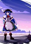  architecture blue_hair boots cloud east_asian_architecture food fruit hat highres hinanawi_tenshi long_hair peach red_eyes sky solo touhou tsubasa_(abchipika) 