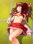  areola_slip areolae bad_id bad_pixiv_id blurry blush bow breasts brown_eyes brown_hair convenient_leg depth_of_field detached_sleeves frills groin hair_bow hair_tubes hakurei_reimu highres ladic long_hair looking_away lying midriff navel no_bra on_back panties panty_pull shiny shiny_skin shirt_lift skirt skirt_lift small_breasts solo tatami tears touhou underboob underwear 