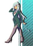  bad_id bad_pixiv_id breasts eyepatch formal genderswap genderswap_(mtf) high_heels inazuma_eleven inazuma_eleven_(series) inazuma_eleven_go large_breasts long_hair memeo_(candy_house) sakuma_jirou shoes suit thighhighs walking whistle white_hair 