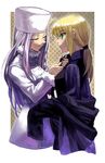  adjusting_clothes adjusting_necktie ahoge artoria_pendragon_(all) bad_id bad_pixiv_id blonde_hair closed_eyes dressing_another fate/zero fate_(series) formal fur_hat green_eyes hat holy_pumpkin irisviel_von_einzbern long_hair multiple_girls necktie pant_suit ponytail saber suit undressing vest waistcoat white_hair 