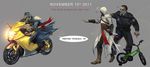  /\/\/\ 3boys altair_ibn_la-ahad anger_vein assassin's_creed:_revelations assassin's_creed_(series) beard bicycle cape english ezio_auditore_da_firenze facial_hair goggles ground_vehicle hood male_focus motor_vehicle motorcycle multiple_boys police speech_bubble spoken_face sunsetagain 