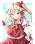  blonde_hair blue_eyes boku_wa_tomodachi_ga_sukunai cosplay dress flandre_scarlet flandre_scarlet_(cosplay) frills gurasion_(gurasion) hair_ribbon hasegawa_kobato heterochromia highres red_eyes ribbon side_ponytail smile solo touhou wrist_cuffs 