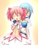  2girls :d :o arm_around_neck armband blue_hair blush bow bubble_skirt cape closed_eyes frills gloves hair_bow kaname_madoka magical_girl mahou_shoujo_madoka_magica miki_sayaka multiple_girls open_mouth pink_hair short_hair short_twintails simple_background skirt smile soul_gem twintails v w white_gloves 