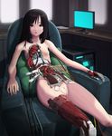  android black_hair chair computer easy_chair highres long_hair looking_at_viewer original parts_exposed pussy red_eyes solo sukabu 