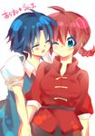  blue_hair blush braid chinese_clothes closed_eyes fuurinkan_high_school_uniform genderswap genderswap_(mtf) holding_hands multiple_girls one_eye_closed ranma-chan ranma_1/2 red_hair saotome_ranma school_uniform shiroto_iku short_hair single_braid smile tangzhuang tendou_akane 