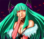  aqua_hair bare_shoulders bat_wings breasts cleavage demon_girl elbow_gloves fingerless_gloves gloves head_wings large_breasts morrigan_aensland purple_eyes succubus sushi_(sashimise) vampire_(game) wings 