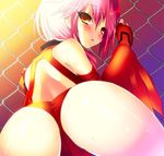  ass ayakichi bare_shoulders bent_over blush chain-link_fence detached_sleeves fence fingerless_gloves gloves guilty_crown long_hair looking_at_viewer looking_back pink_hair solo twintails yellow_eyes yuzuriha_inori 