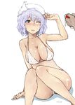  bad_id bad_pixiv_id bikini blush breasts cream go-m large_breasts letty_whiterock one_eye_closed purple_hair sexually_suggestive short_hair simple_background solo suggestive_fluid swimsuit touhou 