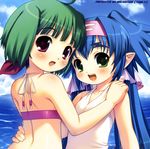  absurdres ahoge akiba_hideki bikini blue_hair blush caught child cloud day eyebrows fang green_eyes green_hair hairband happy highres hug klan_klein long_hair macross macross_frontier macrossky meltrandi multiple_girls outdoors purple_eyes ranka_lee short_hair sky swimsuit water zentradi 