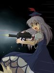  casing_ejection firing gun h&amp;k_mp7 heckler_&amp;_koch holding holding_gun holding_weapon kamishirasawa_keine laser_sight long_hair muzzle_flash open_mouth shell_casing solo submachine_gun suppressor sweat touhou tsunozemi vertical_foregrip weapon white_hair 