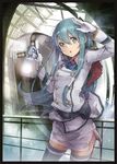  :o belt blue_eyes blue_hair blue_legwear border brooch cravat gloves ground_vehicle hair_tubes holding jewelry lantern long_hair open_mouth original pencil_skirt salute side_slit skirt solo thighhighs train train_station uniform white_gloves windowboxed yuugen zettai_ryouiki 