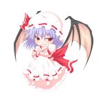  bat_wings blue_hair blush chibi fang hat hat_ribbon highres kuena red_eyes remilia_scarlet ribbon shirt short_hair skirt skirt_set slit_pupils smirk solo touhou wings wrist_cuffs 